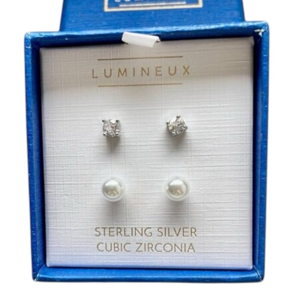 NEW Lumineux Sterling Silver Set of 2 Earrings Cubic Zirconia White Pearl